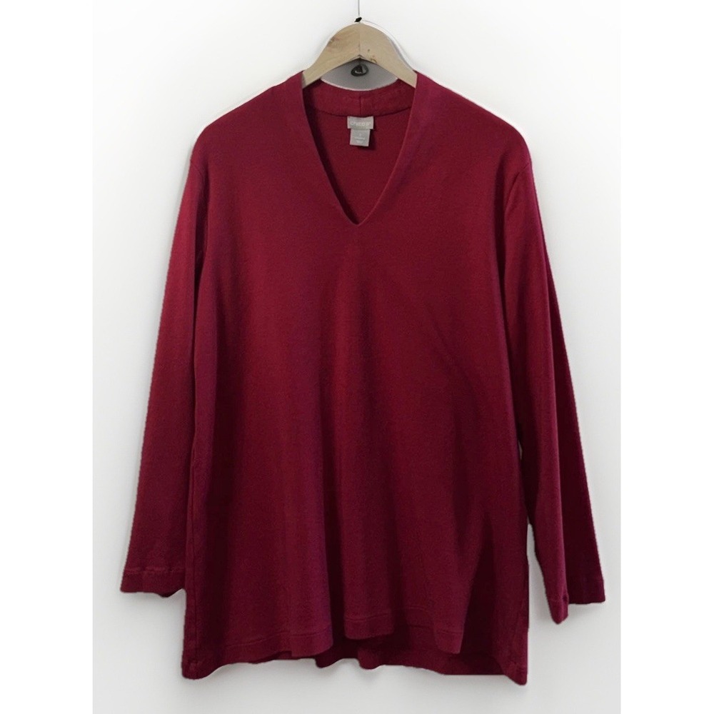 Chicos Womens Red Blouse 100% Pima Cotton Long Sleeve V Neck Sz XL 16 (3)